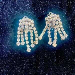 Vintage rhinestone chandelier clip-on earrings, silver tone